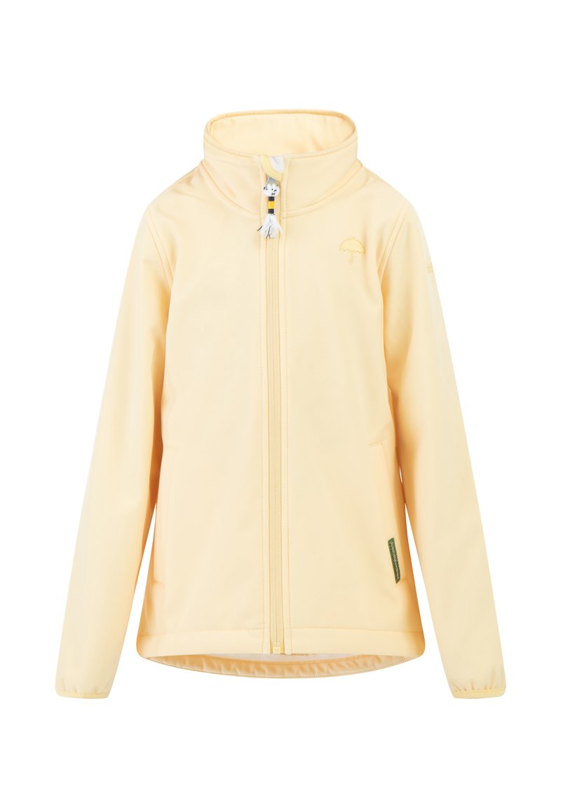 Geltona minkšta striukė su aukštu apykakle, priekyje užtraukiama, elastingais rankogaliais ir žalia logotipo detale šone. Lygi tekstūra, lengvas dizainas.