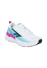 Chaussure de sport blanche avec une tige en mesh respirant, des accents turquoise et rose, un motif texturé et une semelle extérieure en caoutchouc noir contrastante.