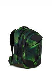 Backpack with green and black geometric pattern, multiple zippered compartments, padded shoulder straps, and side mesh pocket.