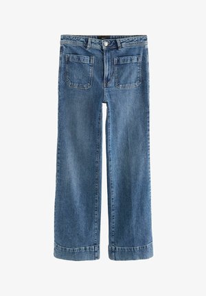 Jeans in denim blu a gamba larga con un lavaggio chiaro, dotati di due tasche posteriori e orli ripiegati. Tessuto resistente con una superficie liscia.