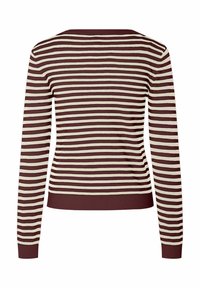 Brūna un krēmkrāsas svītraina džemperis ar garām piedurknēm, ribotiem aproču galiem un piegulošu dizainu. Apkakle ir apaļa, un audums šķiet mīksts.