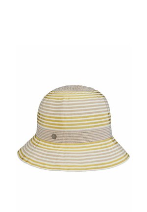 Yellow and white striped bucket hat with a slightly flared brim and a small round metal logo on the side.