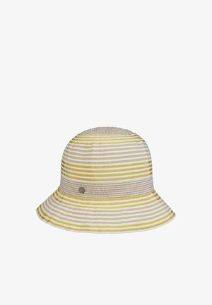 Yellow and white striped bucket hat with a slightly flared brim and a small round metal logo on the side.