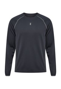 Langärmliges Sporthemd in Dunkelgrau, gefertigt aus strukturiertem Stoff mit hellgrauen Akzenten entlang der Nähte und Logo auf der Brust.