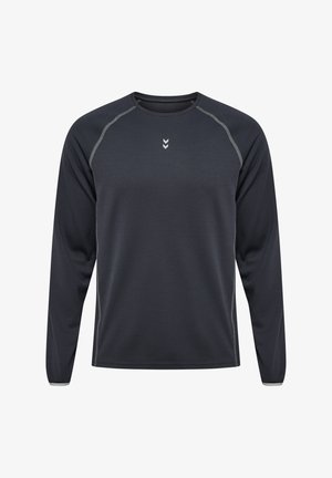 Długorękawowa koszulka sportowa w ciemnoszarym kolorze, wykonana z teksturowanej tkaniny z jasnoszarymi akcentami wzdłuż szwów oraz logo na klatce piersiowej.