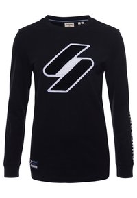 Maglietta nera a maniche lunghe con un grande design a lampo bianco e nero sul davanti e il testo "SUPERDRY" sulla manica. Materiale in cotone morbido.