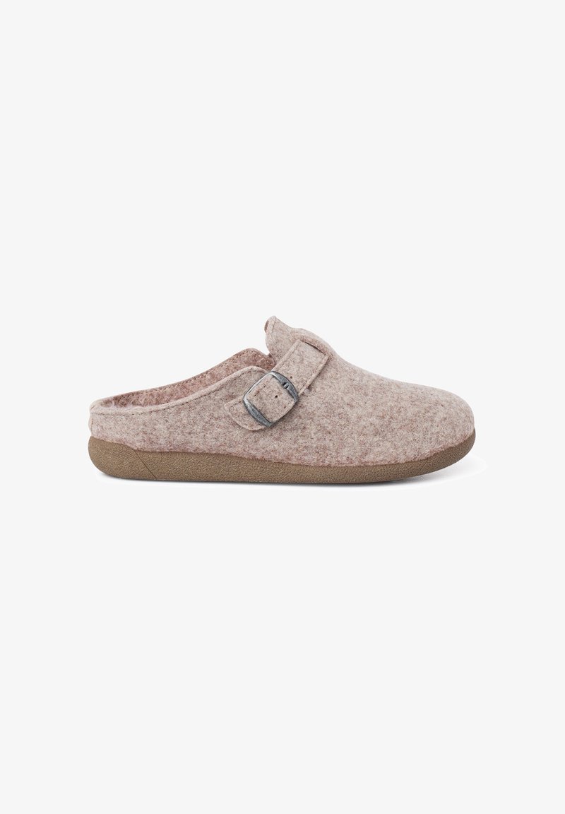 Szare, wsuwane kapcie z detalem klamry, miękka tekstura i brązowa gumowa podeszwa, oferujące przytulny i swobodny design.