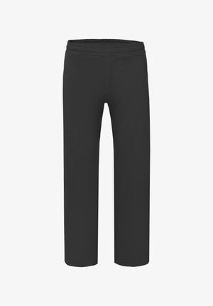 Schwarze gerade geschnittene Hose mit elastischem Bund und falschem Reißverschluss, für bequeme Freizeitkleidung entworfen.