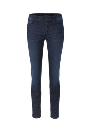 Dunkelblaue Jeans aus Denim mit leichtem Glanz, taillierter Passform und strukturiertem Muster. Mit Fronttaschen und Knopfverschluss.