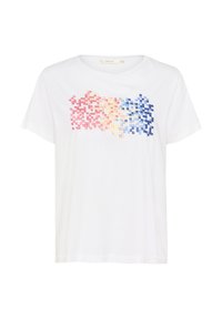 T-shirt en coton blanc avec une conception à manches courtes. Présente un motif dégradé de petits carrés en rose, jaune et bleu sur le devant.