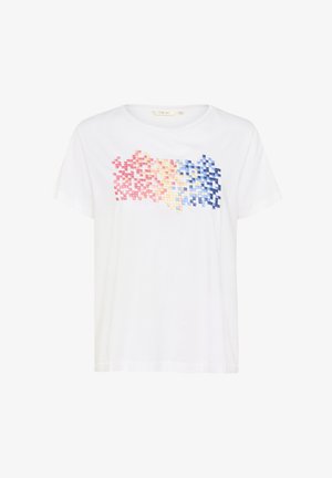 Witte katoenen T-shirt met een ontwerp met korte mouwen. Bevat een gradientpatroon van kleine vierkanten in roze, geel en blauw over de voorkant.