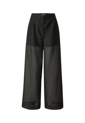 Zwarte brede broek met een solide bovenstuk en een doorschijnend onderste gedeelte, gemaakt van lichtgewicht materiaal met een zachte textuur.