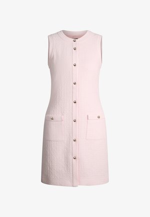 Abito senza maniche rosa chiaro con trama, chiusura frontale con bottoni e due tasche a patta, lunghezza al ginocchio, vestibilità sagomata.