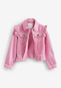 Roze denimjack met ruches op de schouders, voorzakken, knoopsluitingen en een peplumzoom. Gladde textuur en klassiek kraagontwerp.