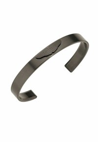 Bracciale a polsino in metallo con finitura nera spazzolata. Presenta un logo Aston Martin rialzato con design ad ali al centro. Design aperto alle estremità.