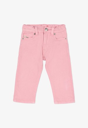 Pantaloni in denim rosa con taglio dritto, dotati di chiusura con bottone e cerniera, tasche frontali e dettagli cuciti. Tessuto liscio.