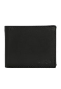 Schwarzes Leder-Bifold-Portemonnaie mit sichtbaren Nähten und dezent geprägtem Markenlogo in der unteren rechten Ecke.