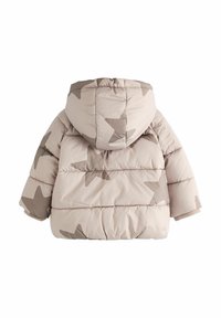 Vaatteet lasten vaalea beige toppatakki, jossa on suuria taupe-tähtikuvioita, huppu ja ribatut hihansuut; tikattu muotoilu eristykselle ja mukavuudelle.