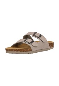 Beige Wildledersandalen mit zwei verstellbaren Riemen, silbernen Metall-Schnallen, einer Korkfußbett und einer Gummisohle.
