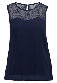 Top sans manches bleu marine avec un surimpression en dentelle au niveau du décolleté, comportant un détail en trou de serrure au dos et un tissu lisse et texturé.