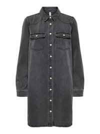 Donkergrijs denim jurk met lange mouwen, knoopsluiting aan de voorkant, puntkraag en twee borstzakken. Gladde textuur, klassiek ontwerp.