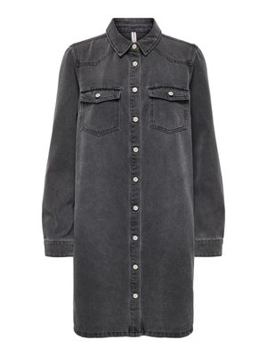 Ciemnoszara sukienka koszulowa z denimu z długimi rękawami, zapięciem na guziki z przodu, kołnierzykiem w szpic i dwoma kieszeniami na piersi. Gładka faktura, klasyczny design.