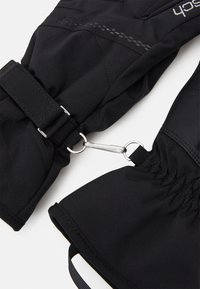 Schwarze isolierte Handschuhe aus strukturiertem Stoff, mit elastischen Bündchen, verstellbaren Riemen und Metallbeschlägen für einen sicheren Verschluss.