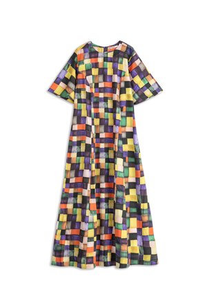 Colorful, patterned dress with short sleeves, featuring a grid of squares in shades of green, purple, orange, yellow, and black. Made of lightweight fabric.