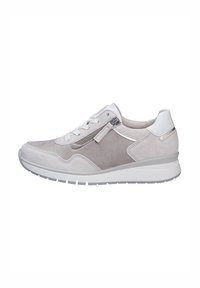 Light gray sneakers with suede and leather textures, featuring a white sole, lace closure, and a side zip for easy wear.