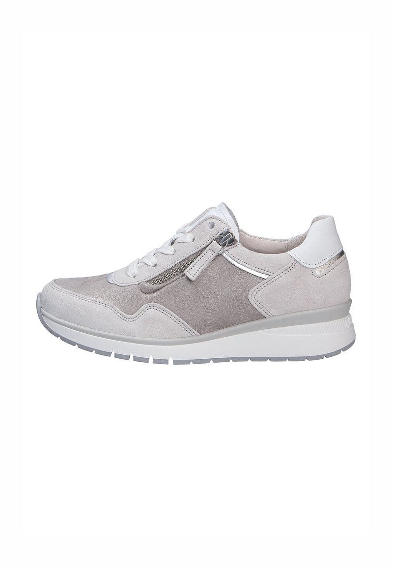 Light gray sneakers with suede and leather textures, featuring a white sole, lace closure, and a side zip for easy wear.