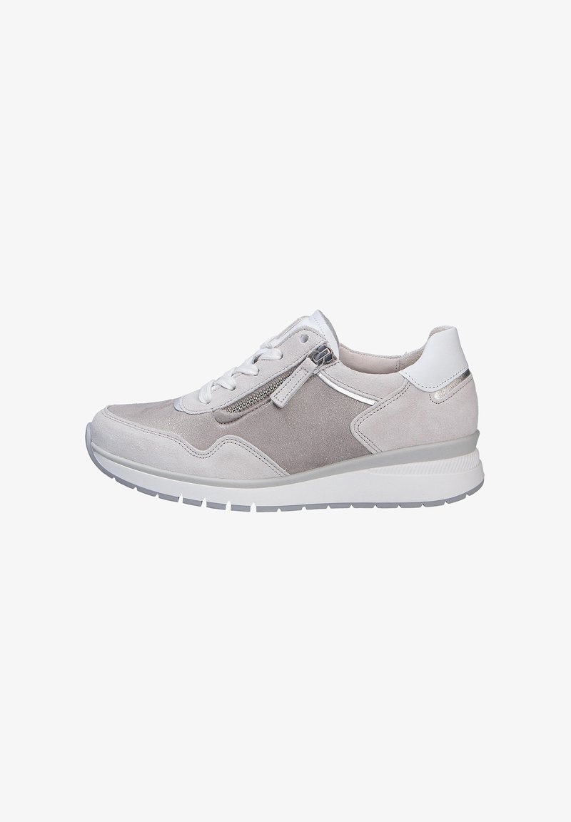 Light gray sneakers with suede and leather textures, featuring a white sole, lace closure, and a side zip for easy wear.