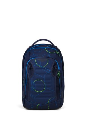 Dunkelblauer Rucksack mit grünen und hellblauen geometrischen Kreis-Mustern, vorderer Griff und mehreren Reißverschlussfächern.