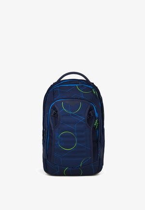 Dunkelblauer Rucksack mit grünen und hellblauen geometrischen Kreis-Mustern, vorderer Griff und mehreren Reißverschlussfächern.