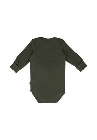 Long-sleeve baby bodysuit in dark green cotton. Features a round neckline and snap closures at the bottom for easy dressing and changes.