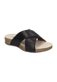 Black woven leather slide sandals with a cross-strap design, textured surface, and a low cork sole. Soft beige footbed interior.
