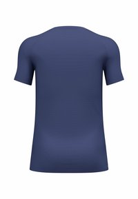 T-shirt de sport à manches courtes bleu marine en tissu lisse et texturé, avec un col rond, présentant de subtils détails de couture.