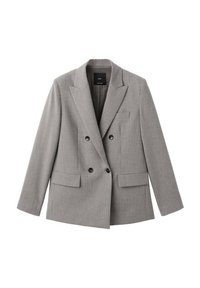 Blazer gris de doble botonadura con solapa con muesca, dos bolsillos frontales y seis botones negros; tejido texturizado con un patrón sutil.