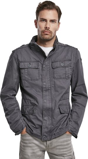 Gray, lightweight jacket with four pockets, zip closure, and button accents. Features a stand collar and textured fabric.