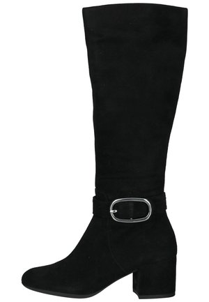 Bottes en daim noires jusqu'aux genoux avec un talon épais, dotées d'une sangle décorative avec boucle et d'une finition lisse.