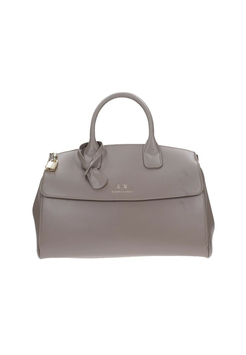 Borsa a tracolla in pelle grigia con manici superiori doppi, patta ripiegabile, accenti in hardware dorato e logo impresso sul davanti. Texture liscia.