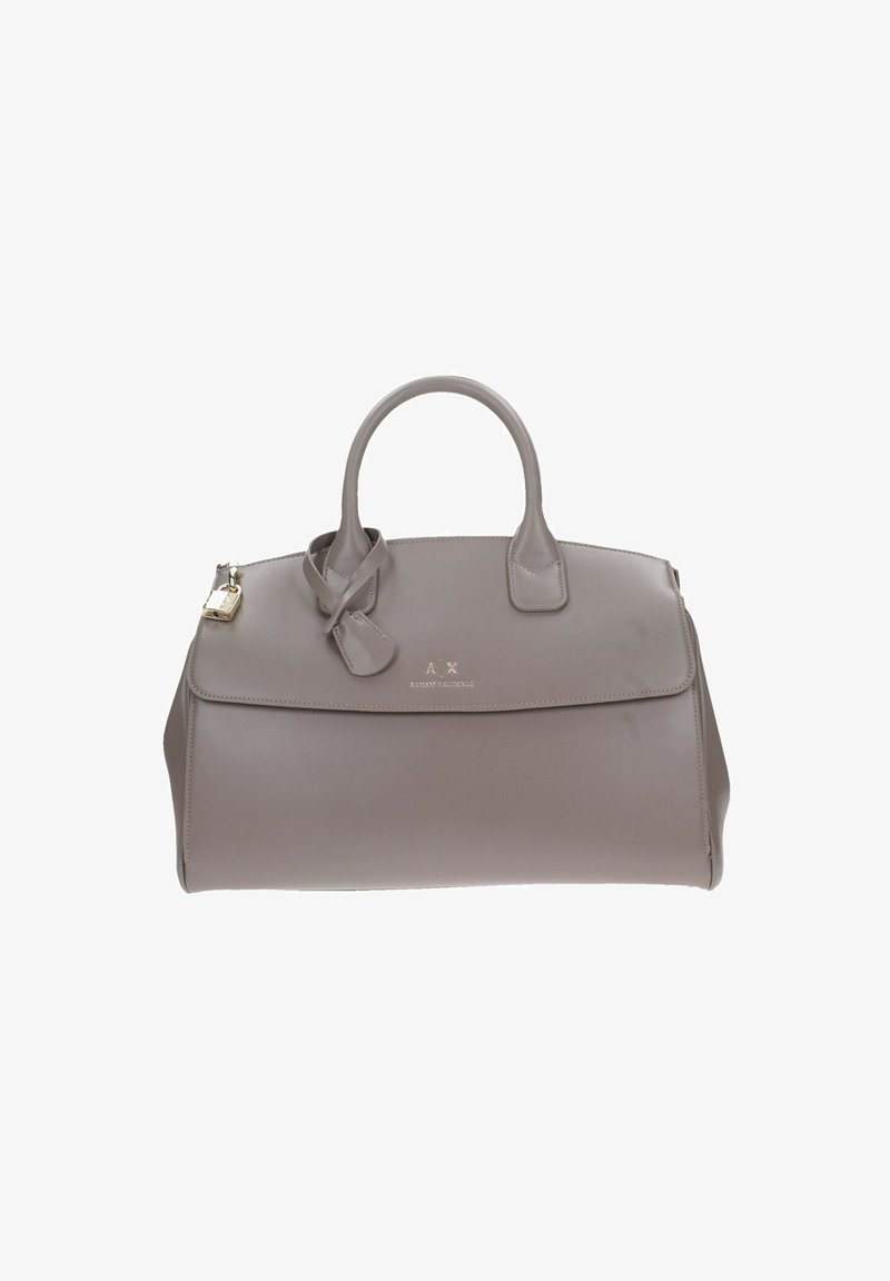 Borsa a tracolla in pelle grigia con manici superiori doppi, patta ripiegabile, accenti in hardware dorato e logo impresso sul davanti. Texture liscia.