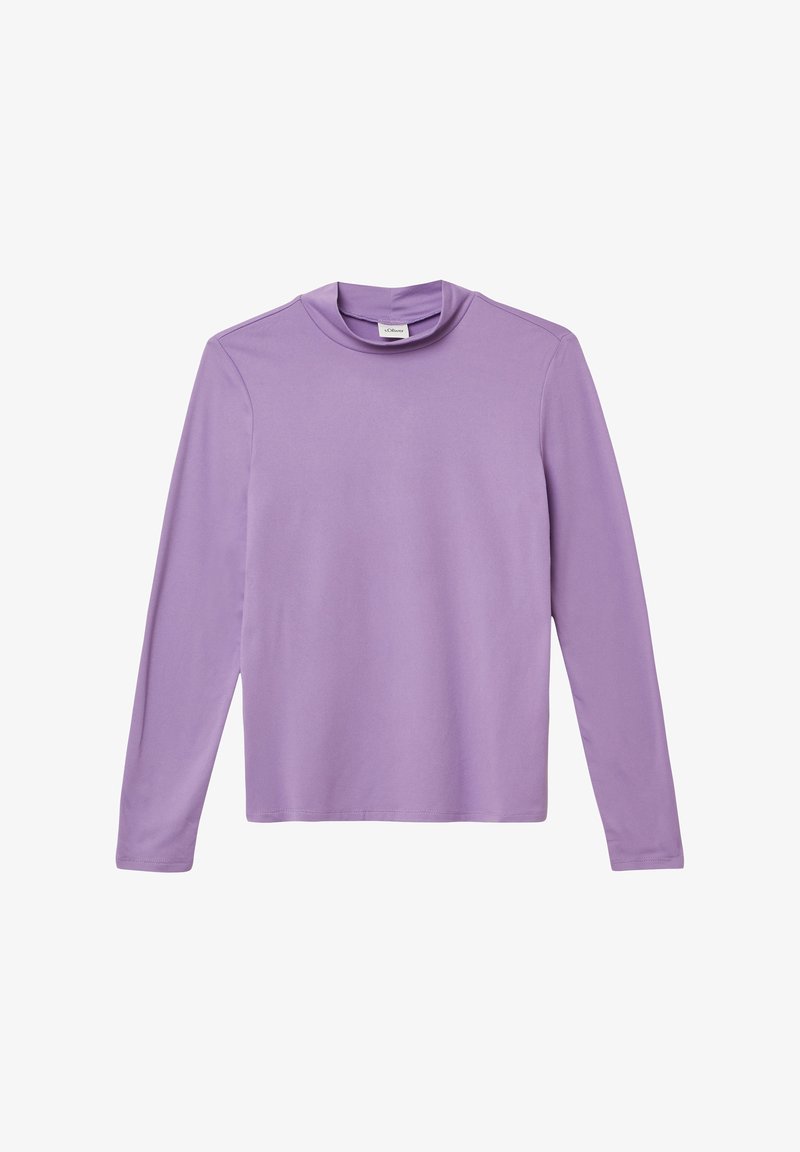Maglietta a maniche lunghe di colore lavanda con colletto alto, tessuto morbido e senza motivi o bottoni visibili.