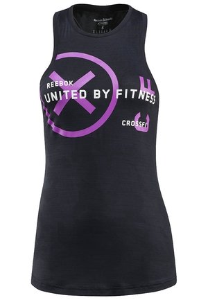 Zwarte mouwloze Reebok CrossFit tanktop met paarse cirkel en "United by Fitness" tekst aan de voorkant.