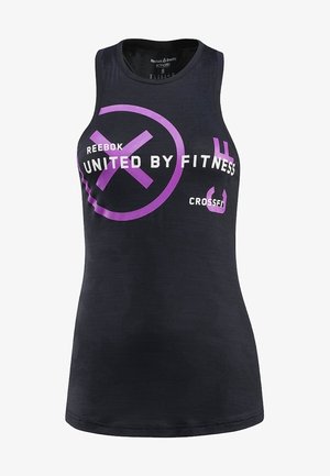 Czarny, bezrękawnik Reebok CrossFit z fioletowym kołem i napisem "United by Fitness" z przodu.