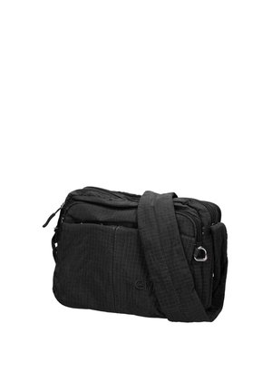 Schwarze Crossbody-Tasche mit mehreren Reißverschlussfächern und einem verstellbaren Schulterriemen, aus strukturiertem Stoff.