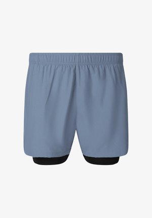 Ljusblå träningsshorts med svart inre kompressionslager och elastisk midja, visade bakifrån.