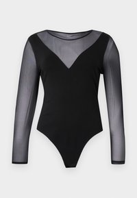 Čierny body so dlhými priesvitnými rukávmi a výstrihom do V. Vyrobené z hladkej látky, má priliehavý strih a strih typu thong.