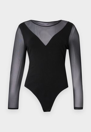 Bodysuit preto com mangas longas transparentes e design com decote em V. Feito de um tecido suave, tem um corte ajustado ao corpo e uma parte inferior tipo fio dental.