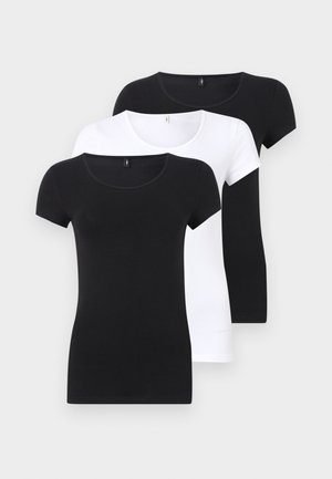 Kolme T-paitaa, joissa on pyöreä kaula-aukko: kaksi mustaa lyhythihaista ja yksi valkoinen lyhythihainen, valmistettu elastisesta kankaasta.