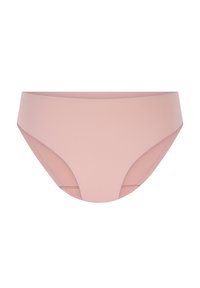 Bikini brief rosa chiaro in tessuto liscio e elasticizzato. Presenta una vita a media altezza e fianchi senza cuciture per un design pulito. Nessun bordino visibile.